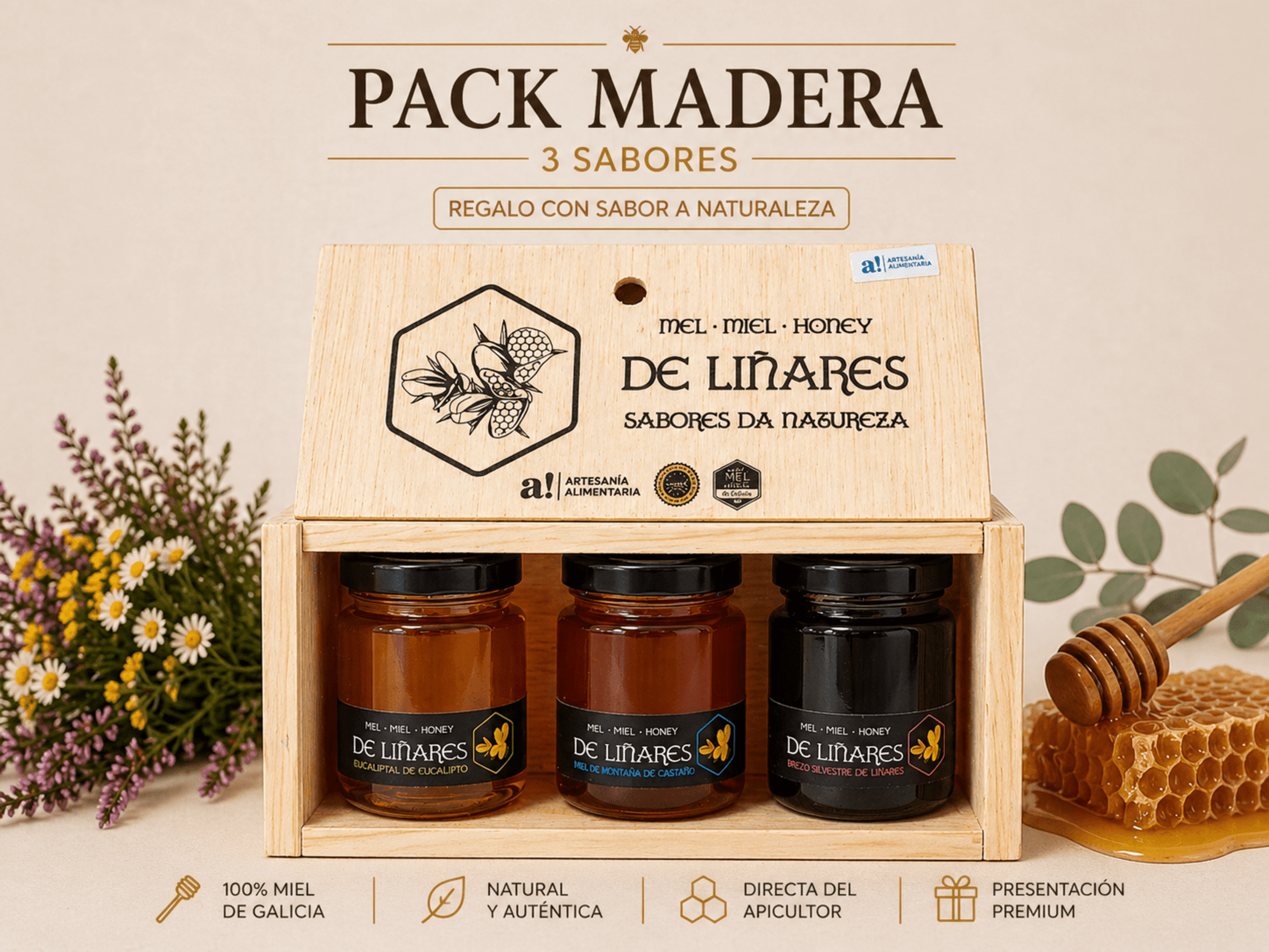 Pack 3 · Sabores da Natureza En Caja De Madera - Mel de Liñares - 2