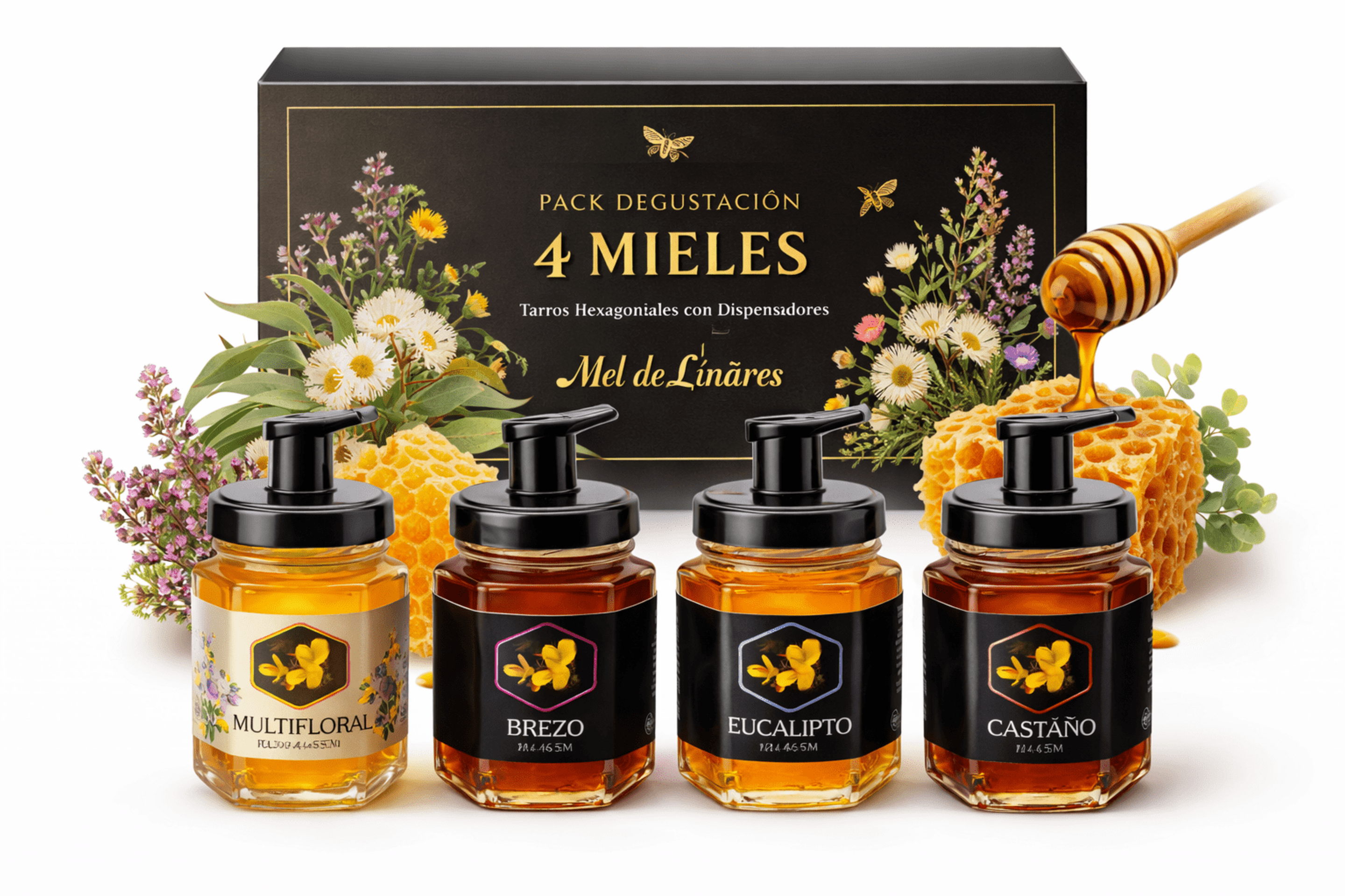 Pack Degustación 4 Mieles en Tarros Hexagonales - Mel de Liñares - 6