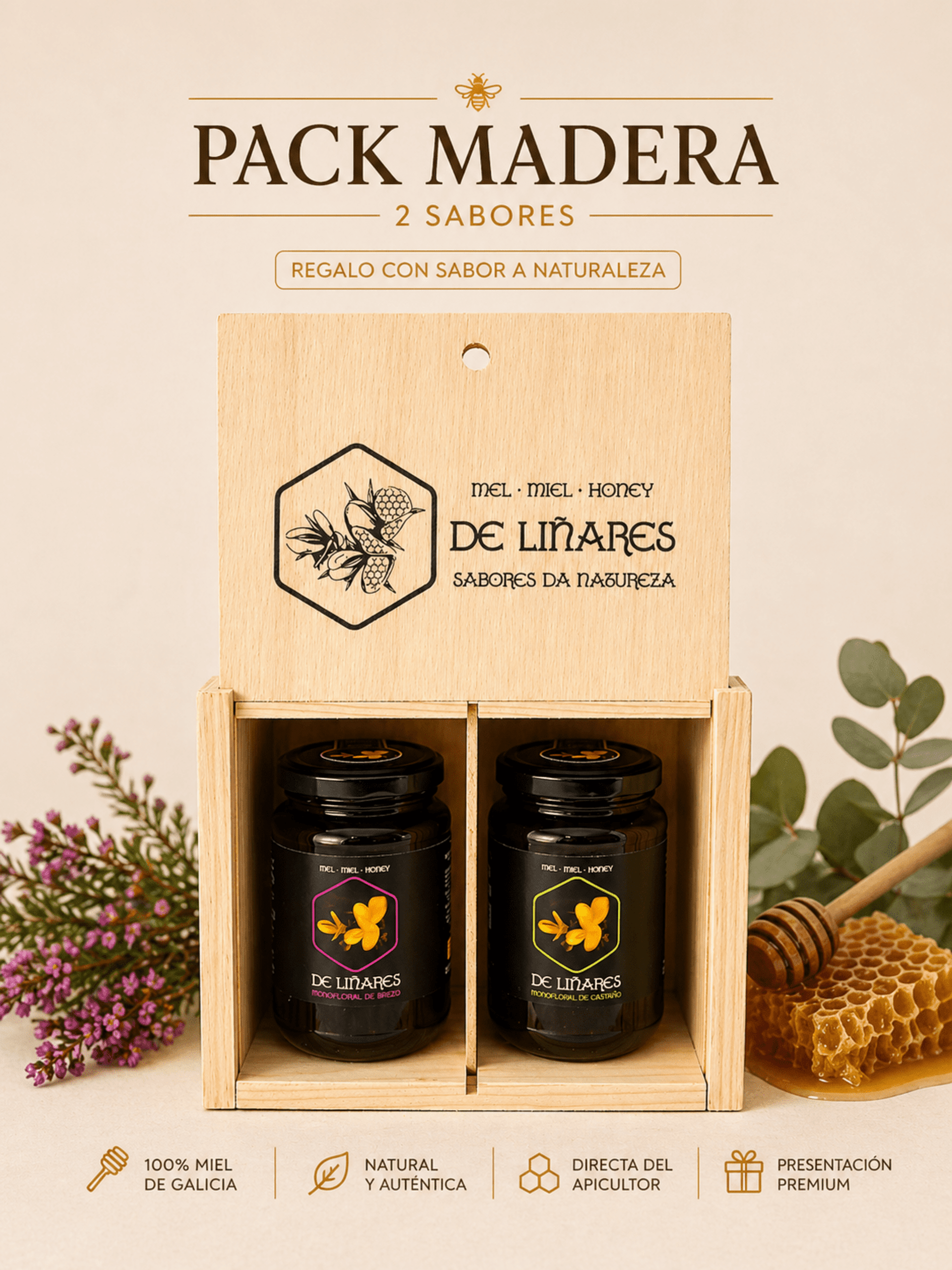 Pack 2 · Sabores da Natureza En Caja De Madera - Mel de Liñares - 2