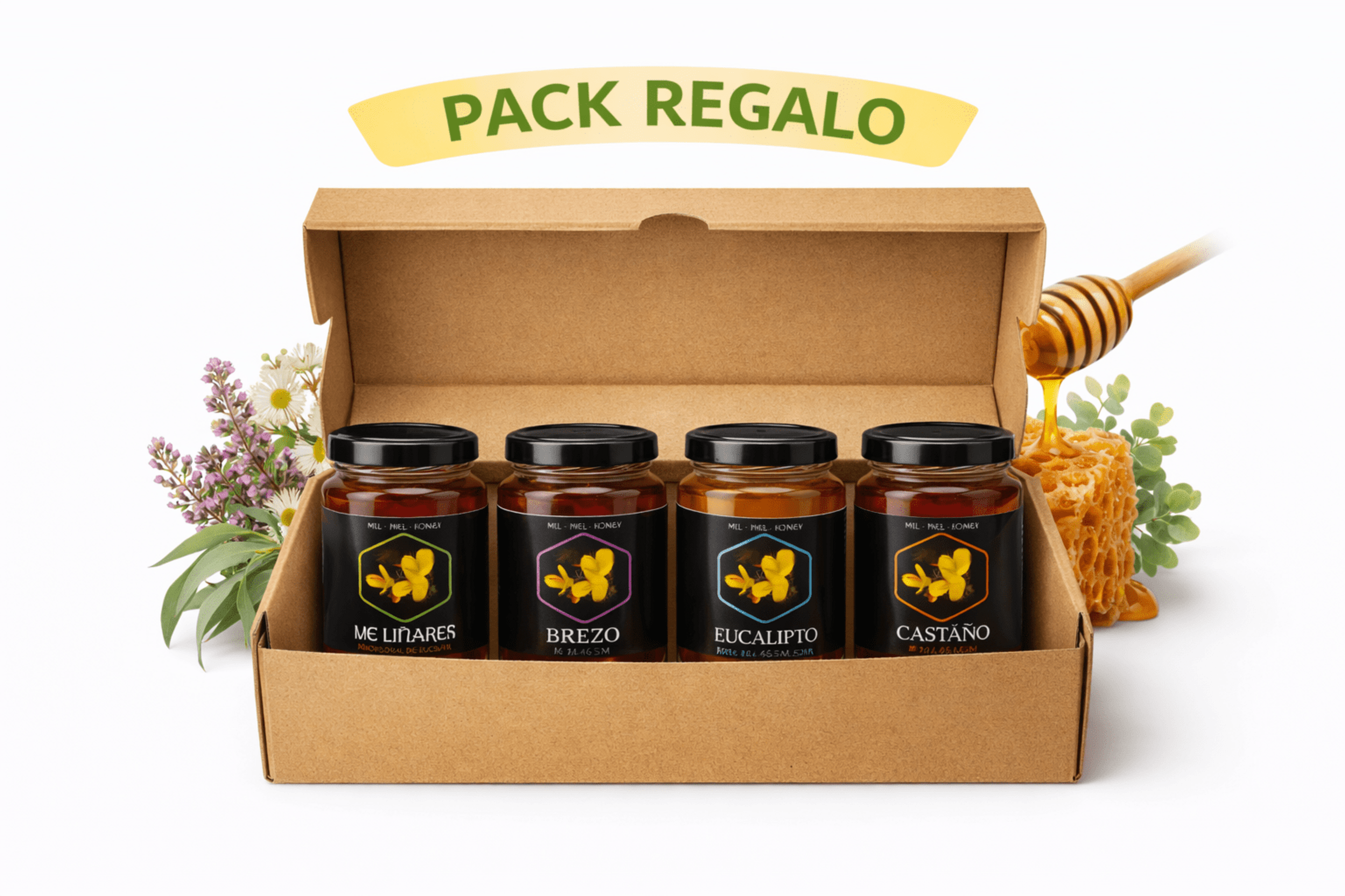 Pack Regalo 4 Mieles Naturales En Caja De Carton Negra De Lujo - Mel De Liñares - 8