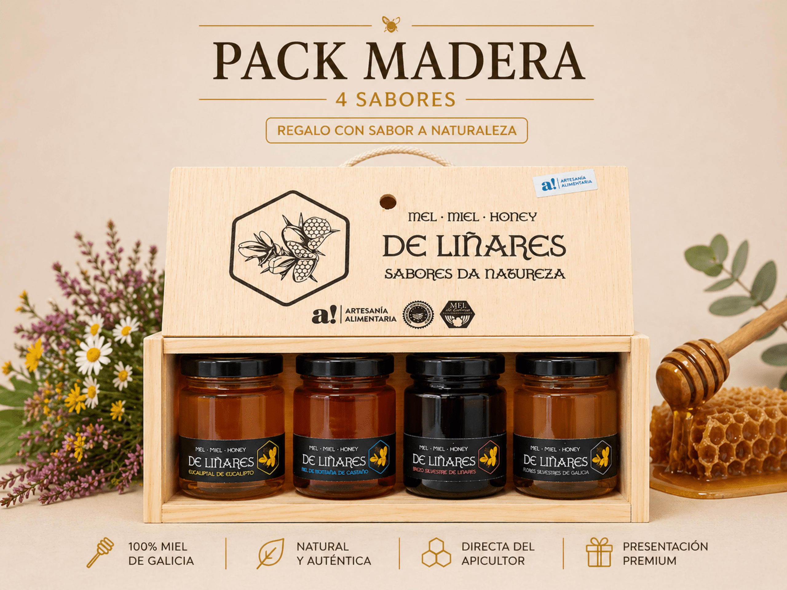 Pack 4 · Sabores da Natureza En Caja De Madera - Mel de Liñares - 2
