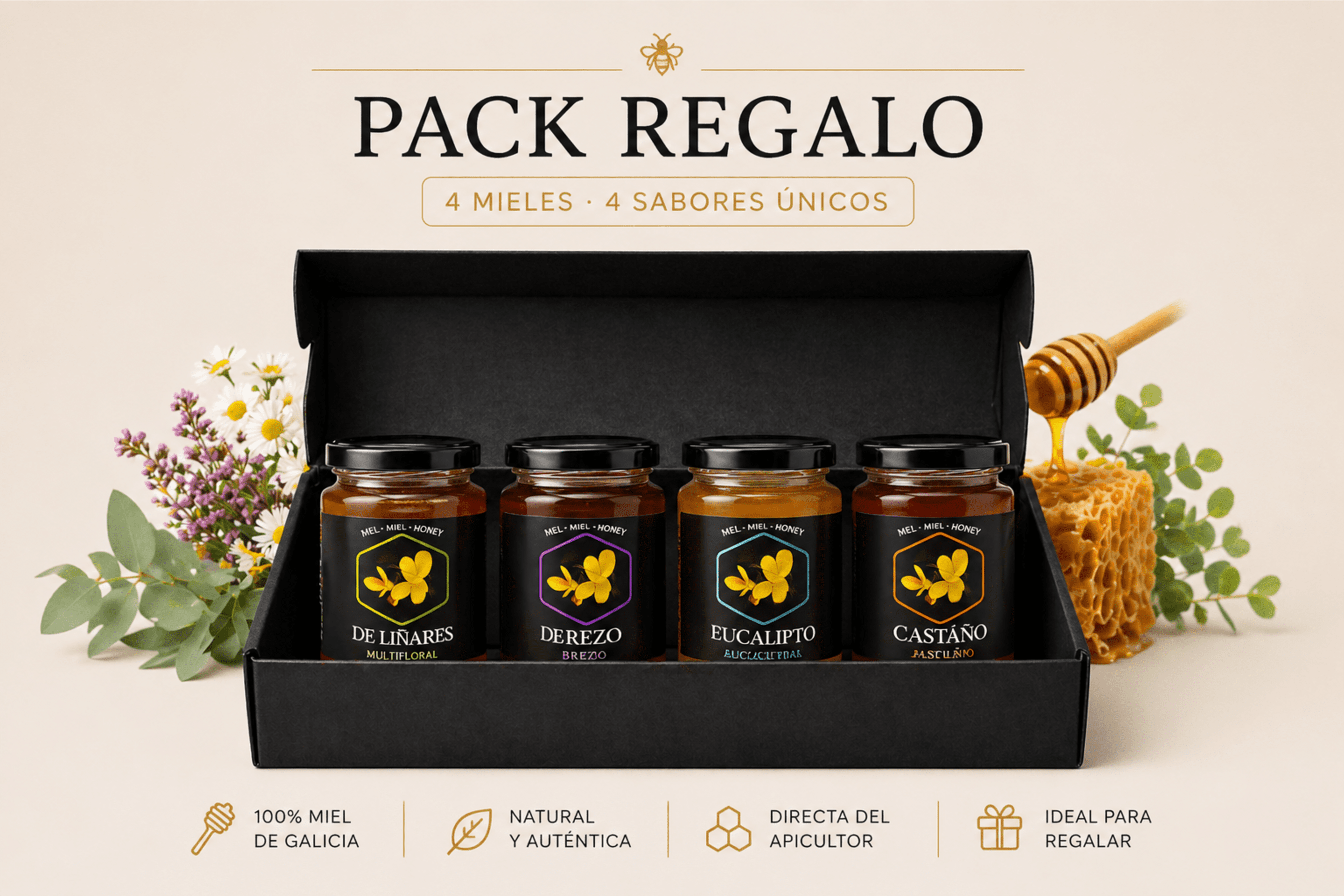 Pack Regalo 4 Mieles Naturales En Caja De Carton Negra De Lujo - Mel De Liñares - 2