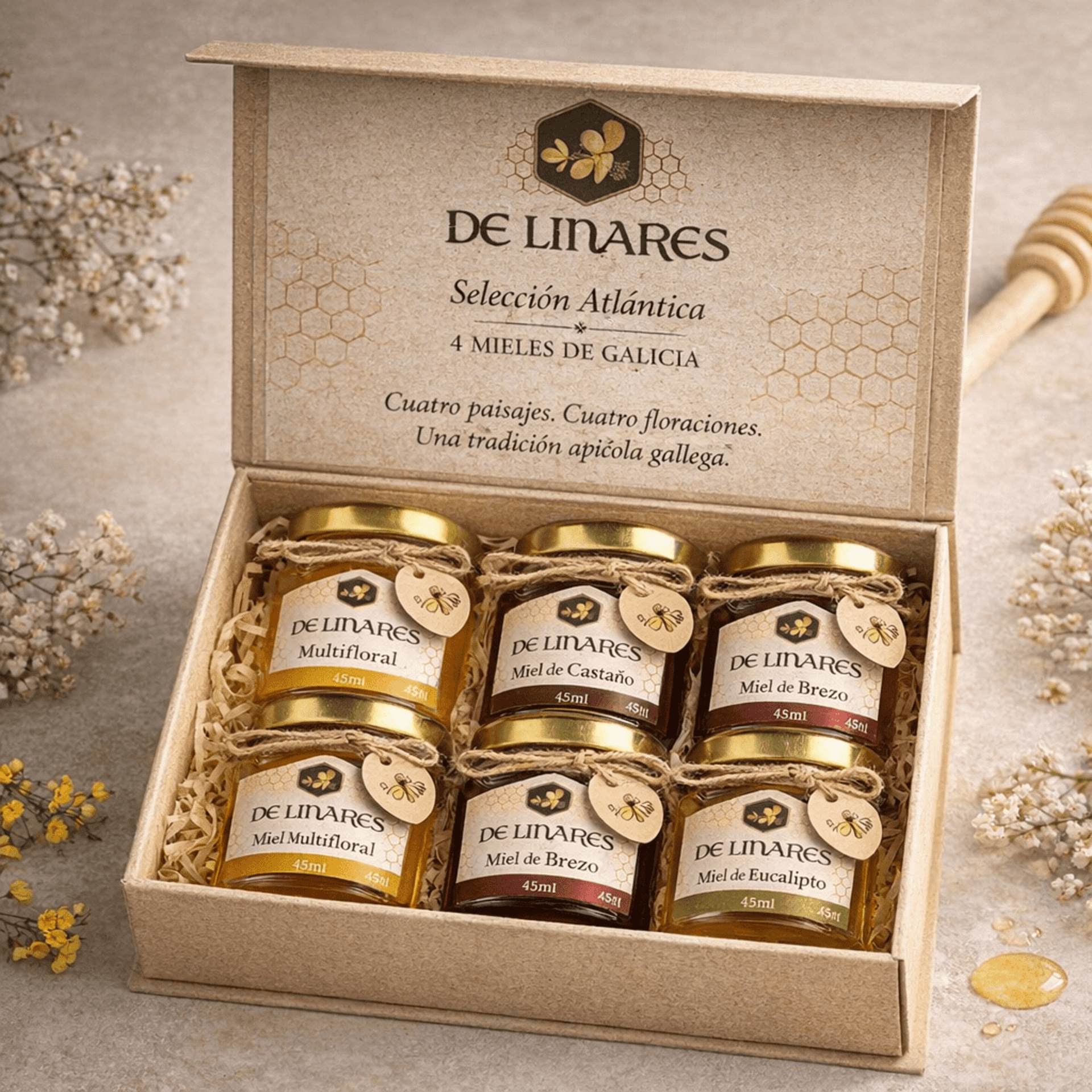 Pack Degustación 4 Mieles en Tarros Hexagonales - Mel de Liñares - 3